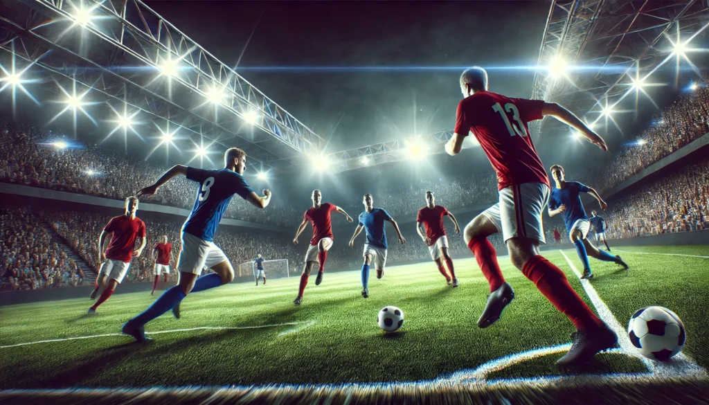 A dynamic soccer match scene in a large stadium, featuring two teams: one wearing red jerseys and the other in blue jerseys. The players are engaged in a tense moment with the ball in motion towards the goal. The crowd is cheering in the background, with the stadium lights illuminating the pitch. The atmosphere is intense and energetic, capturing the essence of a high-stakes game.